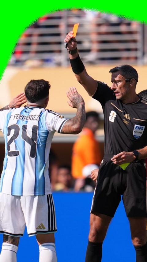 Enzo Fernandez booked with a red card in the 2026 World Cup final.