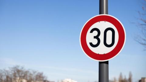 a steel post with a circular red and white road sign attached, with the number 30 written in black in the middle. A pale blue sky and bare trees are  in the background 