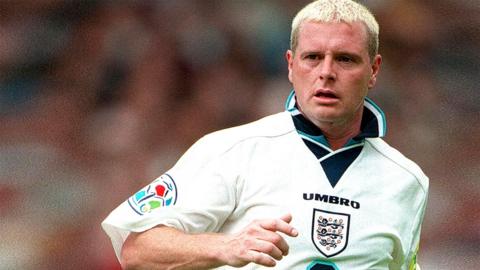 Paul Gascoigne of England on the ball during the Uefa Euro 1996 quarter final match between Spain and England at Wembley Stadium.