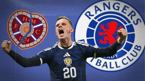 Lawrence Shankland celebrates in a Scotland shirt with an image of Hearts club badge with a crack through it and a larger Rangers club badge behind him.