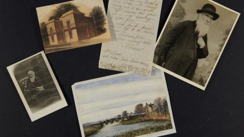 Photos of Barnes, landscapes, and a letter.