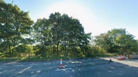 A Google image of the southbound A46 between Leaf Lane and Stoneleigh. The road is seen during the daytime in sunlight. It goes through countryside and there are trees and fields in the background.