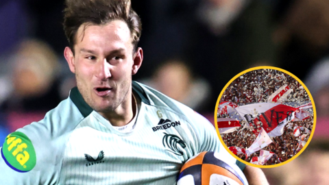 Joaquin Moro in action for Leicester Tigers with an inset image of River Plate fans at a Superclasico match at Mas Monumental stadium