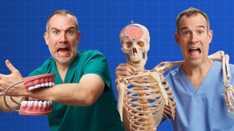 Doctor Chris and Xand with Billy Bones the skeleton model 