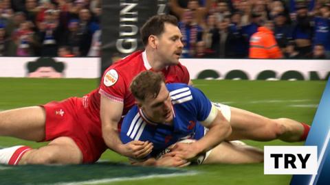 France centre Emilien Gailleton scores against Wales