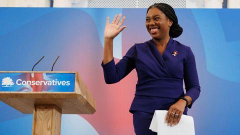 Kemi Badenoch stands to make a speech after winning the Conservative Party leadership contest on November 2, 2024 in London