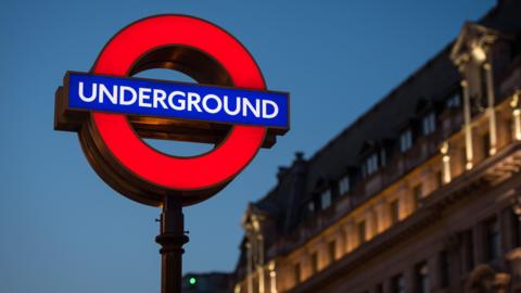 Underground roundel at Oxford Circus station, in London