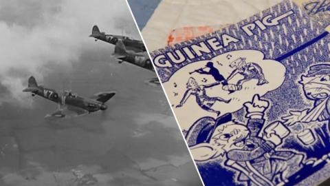 A split image of airplanes and a comic.