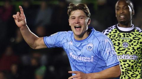 Cole Deeming celebrates scoring Truro City's equaliser in their 1-1 draw at Forest Green Rovers on 30 December
