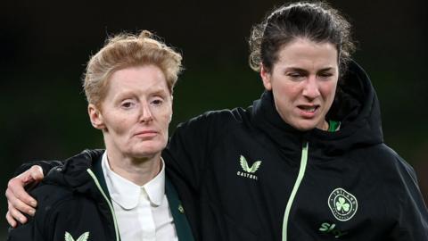 Eileen Gleeson with squad member Niamh Fahey after the Republic of Ireland's Euro 2025 play-off defeat by Wales