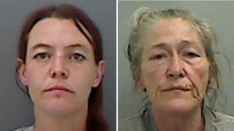 Mugshots of Lithgo and Dowson. Lithgo has long dark red hair. Dowson looks older with grizzled grey hair down to her shoulders.