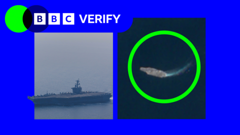 A satellite image of the USS Abraham Lincoln with a green circle around it on the right, and an image of the warship up close on the left.