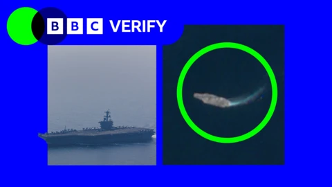 A satellite image of the USS Abraham Lincoln with a green circle around it on the right, and an image of the warship up close on the left.