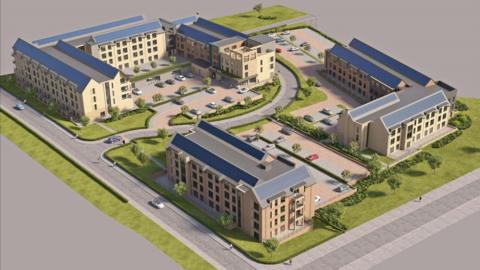 An artist's impression of three blocks of flats, configured in a square with space for green spaces and cars in the middle. The red and white buildings are four-storeys tall and have blue and grey roofs. The development is surrounded by roads and green spaces.