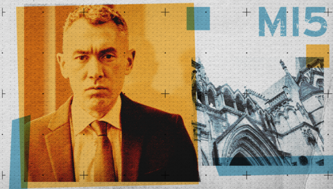 A composite image featuring a yellow-tinted photo of BBC reporter Daniel De Simone, a man wearing a suit and tie with short hair, a blue-tinted photo of the Royal Courts of Justice and part of the MI5 logo. The images are laid on a grid design with accents of yellow and blue.