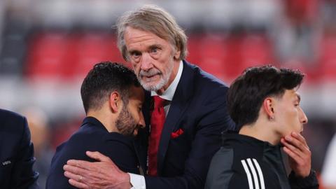 Sir Jim Ratcliffe holds Ruben Amorim after the 2025 Europa League final