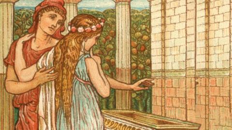 An illustration of Pandora as she wonders at the box. 