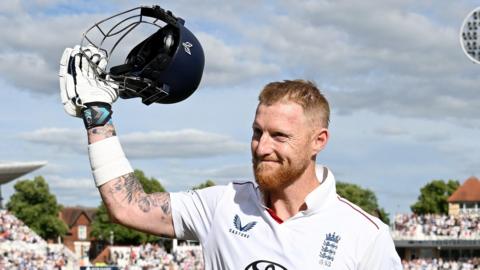 England captain Ben Stokes raises his helmet as he walks off after being dismissed in his final Test innings