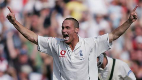 England's Simon Jones celebrates the wicket of Australia's Michael Clarke in the third Ashes Test at Old Trafford in 2005