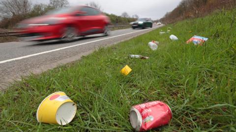 Rubbish littering grass verge next to road.
