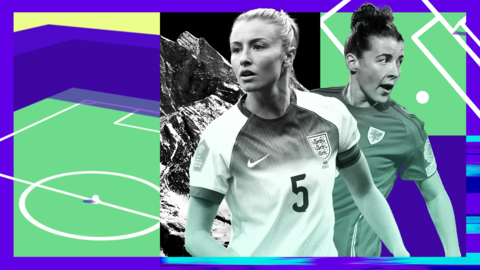Designed image of two football players, one from the England team and one from the Welsh team. In the background there is a football pitch and a mountain. 