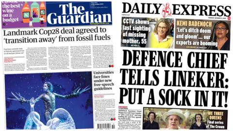 Thursday's front pages showing the Guardian and the Daily Express