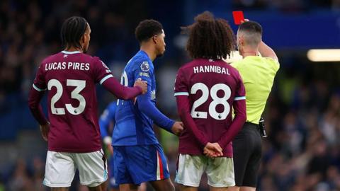 Wesley Fofana of Chelsea is shown a red card