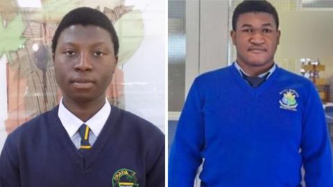 Composite image of two, dark haired schoolboys, both wearing school uniforms - blue jumpers and shirts, with navy ties.
