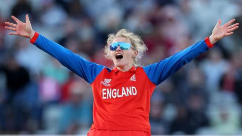 Charlie Dean appeals for a wicket while playing for England