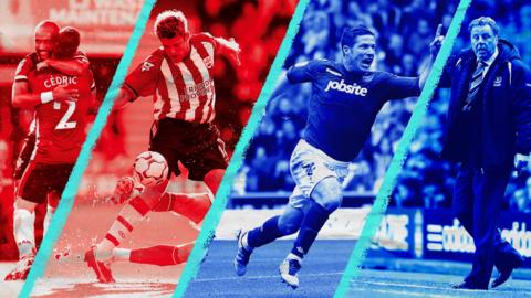 Nathan Redmond celebrates victory for Southampton in 2019, James Beattie in action in 2003, David Norris celebrates for Pompey in 2012 and Harry Redknapp during his time in charge of Portsmouth