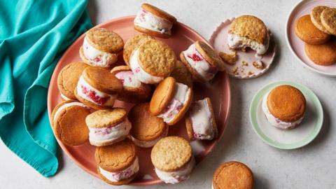 Raspberry and white chocolate ice cream sandwiches