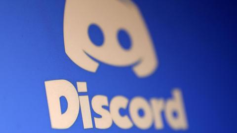 Discord's stylized name and logo in white, against a sky blue background.