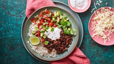 A labck bean burrito bowl.