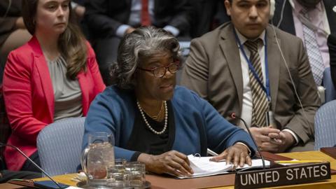 US Ambassador to the UN Linda Thomas-Greenfield speaks during a UN Security Council motion for a Gaza ceasefire and hostage deal vote at UN headquarters in New York, on March 22, 2024