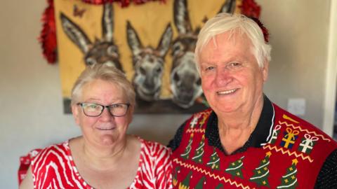 Diane and Brian are in their living room, smiling at the camera, Brian has a festive jumper on and in the background is a painting with donkeys on it.