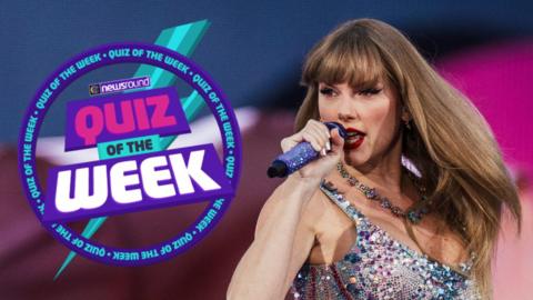 Taylor Swift with the quiz of the week logo