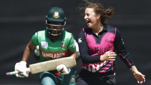 New Zealand's Hayley Jensen celebrates a wicket