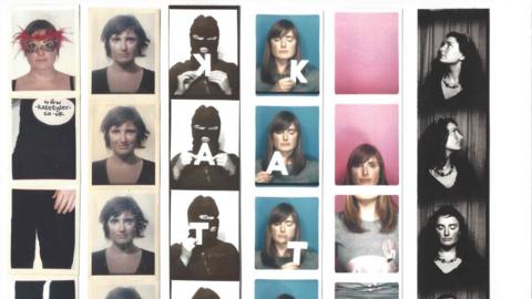 Six strips of images from a photo booth. Strip one shows a woman wearing black trousers and a black tank top. She has a feathered mask on her face. There is a sign that says www.katetyler.co.uk. The second strip has four images of a woman, with short brown hair. Each picture of her has a different facial expression. The third image has a person with a mask over their face. The images are in black and white and the person is holding letters K, A, T and E. The fourth strip has a woman with shoulder length hair and she is on a blue background. She is also holding the letters K, A, T, and E.  The fifth strip, the top image is a pink background, the second image is a woman's face cut off at the chin, the third image is a body wearing a grey top, and the last image is the continuation of the grey top. The last strip is black and white, with a woman wearing sunglasses on her head, facing different directions. 
