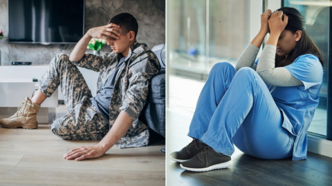 Composite stock photo showing a distressed soldier and a distressed doctor