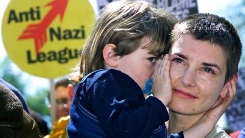 Sinead O'Connor hugs her daughter Roisin during an Anti-Racism demonstration in Dublin city centre, Ireland, in 13 May 2000