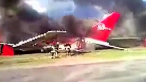 A Peruvian Airlines plane with 141 passengers and crew on board has caught fire during an emergency landing at Jauja airport in the Andes.
