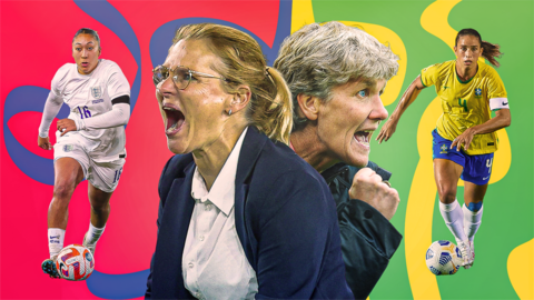 A graphic showing Lauren James, Sarina Wiegman, Pia Sundhage and Rafaelle