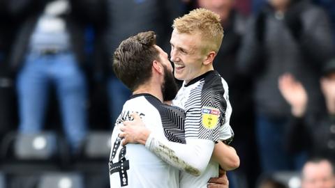 Derby's Louis Sibley celebrates his goal