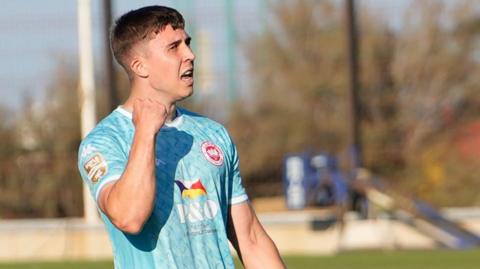 Paul O’Neill celebrates scoring against Lincoln Red Imps