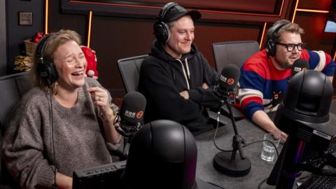 Joanna Page, Mathew Horne and James Corden laugh in the Radio 2 studio.