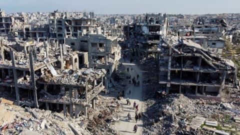 A devastated area of Jabalia seen from the air, with buildings hollowed out