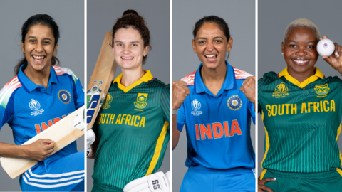 Jemimah Rodrigues, Laura Wolvaardt, Harmanpreet Kaur and Nonkululeko Mlaba pose in portrait photos
