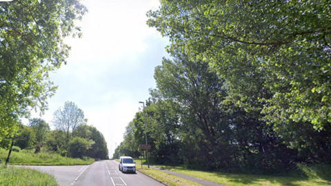 A road that is has grass and trees on either side, as well as junction on the right. A small, white van is travelling forwards and a brown sign, with a lampost behind is pointing left towards the junction. 