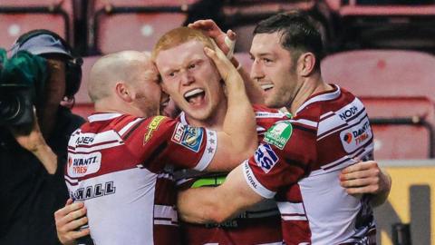 Wigan celebrate Zach Eckersley's decisive try against St Helens