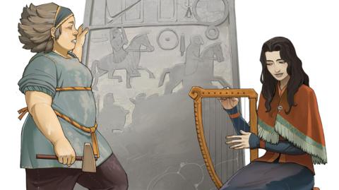 An illustration of a stonemason holding a stone hammer stand next to a large, grey carved standing stone. A female bard plays a string instrument while sitting down.
